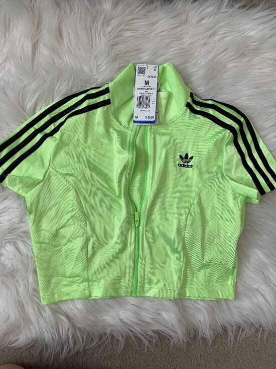 adidas Originals Tops - ADIDAS ORIGINALS Cropped Full Zip Mock Neck Top in Signal Green/Black Sz MEDIUM